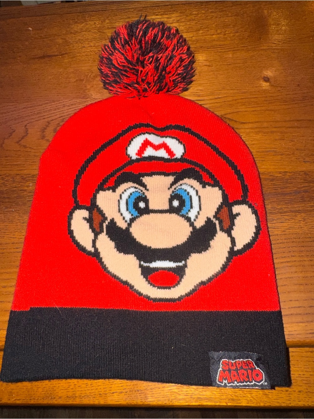 Nintendo Super Mario Mario Face Red Black Pom Pom Knit Beanie Hat